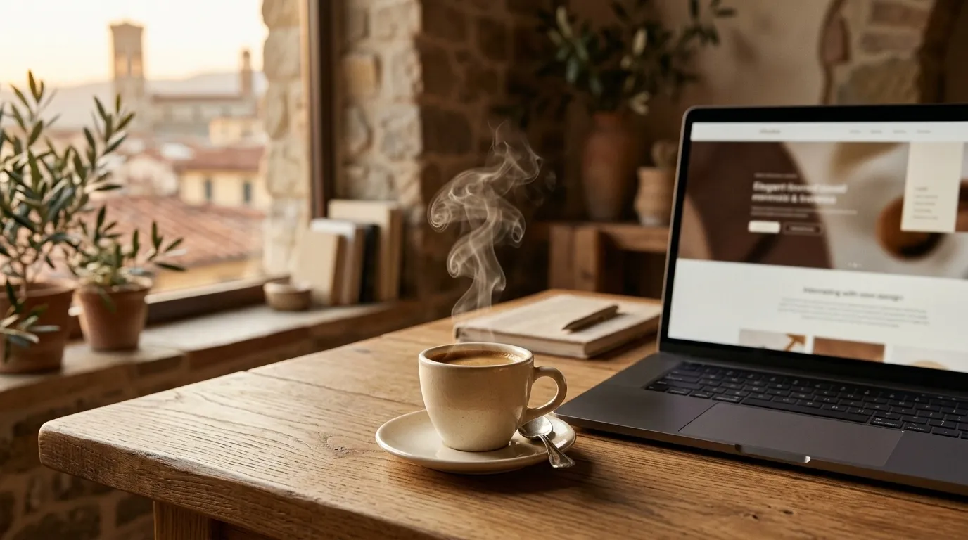 Espresso accanto a un laptop, luce del mattino